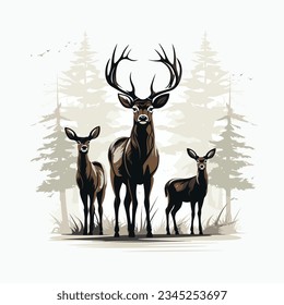 Deer family with trees silhouette vector illustration graphic template