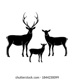 Deer family vector isolated illustration. Deer papa , deer mama and fawn isolated silhouettes. 