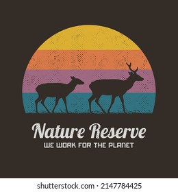 Deer family. Walking animal silhouette. Retro vintage t-shirt design