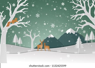 Deer family with winter snow in the forest abstract background,Happy new year and Merry Christmas on paper art style