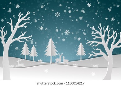 Deer family with winter snow in the night,Happy new year and merry Christmas on paper art design abstract background