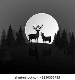 Deer famiry in the night forest with moon in the winter season. christmas, new year card and vector paper art concept.