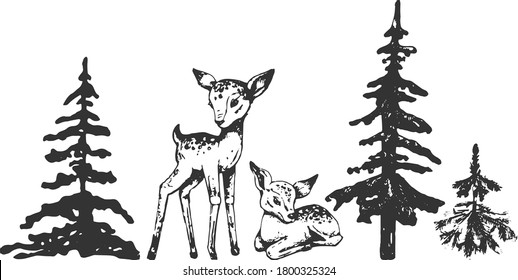 deer, fawn, christmas tree, spruce, pine, hand drawing black contour, silhouette new year symbols, forest dwellers, isolated objects