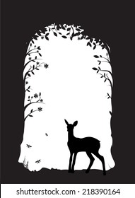 Deer, Fawn In The Forest, Black And White, Silhouette, Shadows