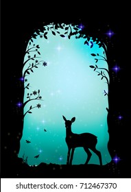 deer, fawn in the forest, fairy cave, shadows