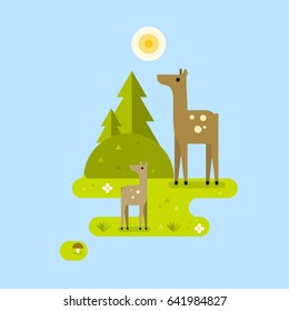 Deer with fawn in a forest. Landscape. Vector flat illustration.