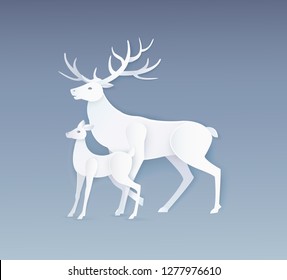 Deer and fawn with full side view. Card in flat style with white animals isolated on grey vector. Simple design of beasts, paper art and craft style