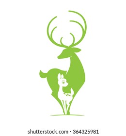 Deer with fawn silhouette logo. Vector object. Flat vintage design template elements for your application or corporate identity.