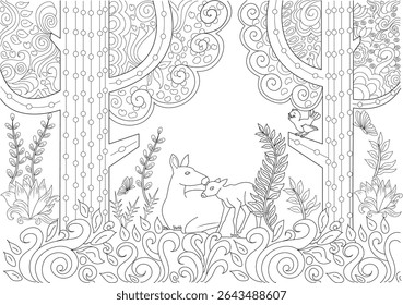 Deer and Fawn in Stylized Forest Coloring Page, Intricate line art illustration of a mother deer and her fawn nestled in a whimsical, stylized forest with ornate plants, trees, a bird, and a