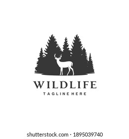 Deer Fir Coniferous Pine Evergreen Forest Tree Wildlife Logo Design