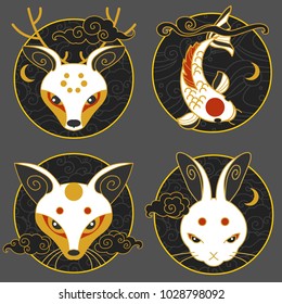 Deer, fish, fox, rabbit. Decorative masks in japanese style. Vector illustration