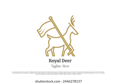 Deer flag logo design illustration. Line art linear deer reindeer stag buck antelope fawn elk moose ruminant mascot horn animal body. Simple minimal geometric heraldry crest royal kingdom icon symbol.