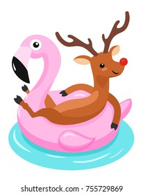 Deer with flamingo inflatable float. Vector illustration.