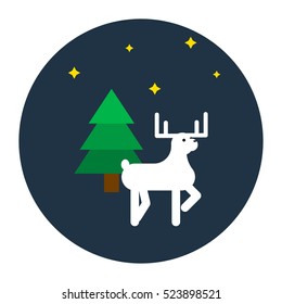 Deer flat style vector illustration icon. Forest animal with horns, green pine and stars on blue circle.