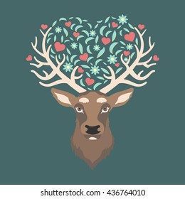 Deer with floral composition for greeting card vector illustration