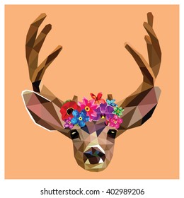 Deer with floral crown, colorful low poly design isolated on pink background. Animal portrait card.