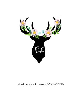 deer with floral decoration and hand drawn text for card design and background.