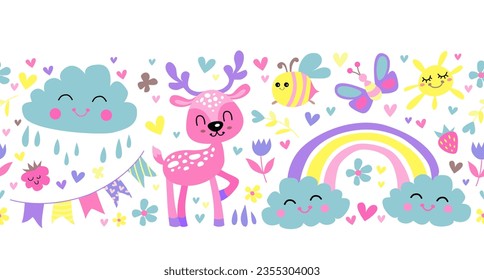 Deer in flower fairy colorful textile border. Vector cartoon cute characters in simple childish hand drawn flat style. Cloud and rainbow. Colorful palette ideal for childrens print textiles, clothing.