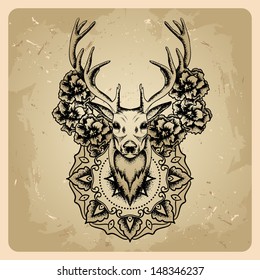 Deer with flowers and circle mandala