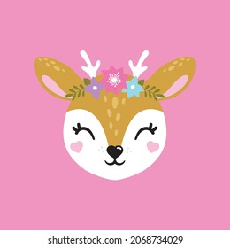 Deer flowers cute portrait poster logo kids room decor t-shirt design print