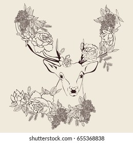 Deer in flowers. Monochrome vector illustration of deer on beige background.  