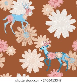 Deer and flowers, pattern for print on paper or fabric.