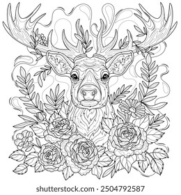 Deer and flowers.Coloring book antistress for children and adults. Illustration isolated on white background.