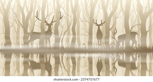 Deer in a foggy forest, reflection in the lake, trees without leaves, sepia tones 