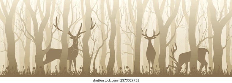 Deer in a foggy forest, trees without leaves, sepia tones, natural background, banner