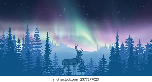 Deer in the forest, against the aurora borealis, winter night landscape, vector illustration