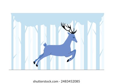 Deer in forest. Animal runs across lawn among trees. Forest dweller, fauna and wildlife. Reindeer in wild area. Mammal with horns. Linear vector illustration isolated on white background