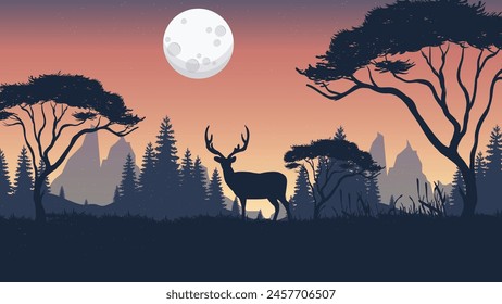 deer in the forest beautiful sunset landscape vector illustration