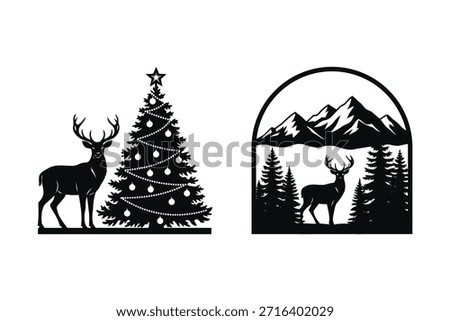 Deer and Forest Christmas Scene Black Silhouette Vector Set on White Background