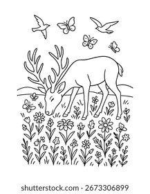 deer in the forest coloring book page vector illustration