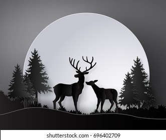 Deer in a forest with full moon.The illustrations do the same paper art and craft style
