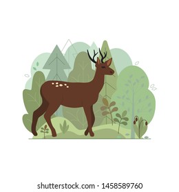 Deer in forest glade, trees, grass, nature, park, summer, concept, postcard, green and brown color, flat style, vector illustration