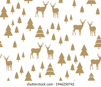 Deer in the forest, gold pattern on a white background, winter vector seamless illustration, Christmas ornament for gift wrapping, wallpaper.