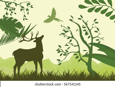 Deer in forest green vector silhouettes
