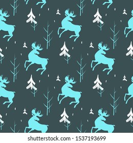 Deer in the forest. Holiday seamless pattern with reindeers and Christmas trees. Winter texture, decoration, Christmas design, print for fabric, wrapping paper, design element for greeting card.