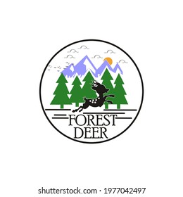 deer forest logo with pine forest, mountain and sunrise background. A suitable logo for a furniture, travel and tourism company
