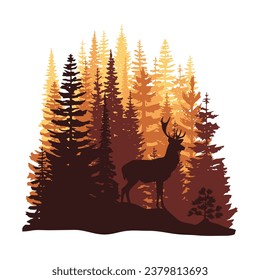 Deer in the forest, morning light, cartoon sketch isolated on white background, vector illustration