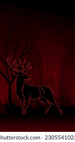 Venado y bosque en un fondo oscuro