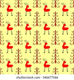 Deer in the forest seamless pattern. Ethnic ornament vector background