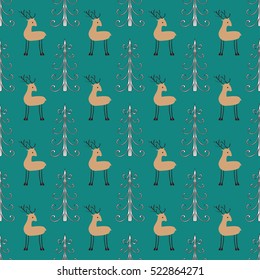 Deer forest seamless pattern. Ethnic ornament vector background.