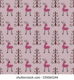 Deer forest seamless pattern. Ethnic ornament vector background.