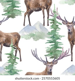 Deer in the forest seamless pattern, watercolor. Hand drawn vector illustration isolated on white. Cards, labels, covers, wallpapers, fabric, textile.