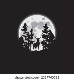 Deer forest silhouette with the moon illustration, logo, symbol, vector template.