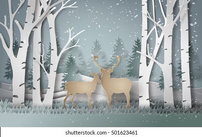 Deer in forest with snow in christmas and winter season,paper art style.