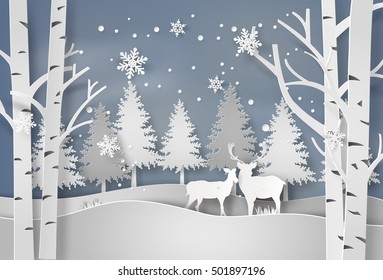 Deer In Forest With Snow In Christmas And Winter Season,paper Art And  Digital Craft Style.