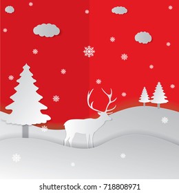 Deer in forest with snow in christmas and winter season,paper art style.